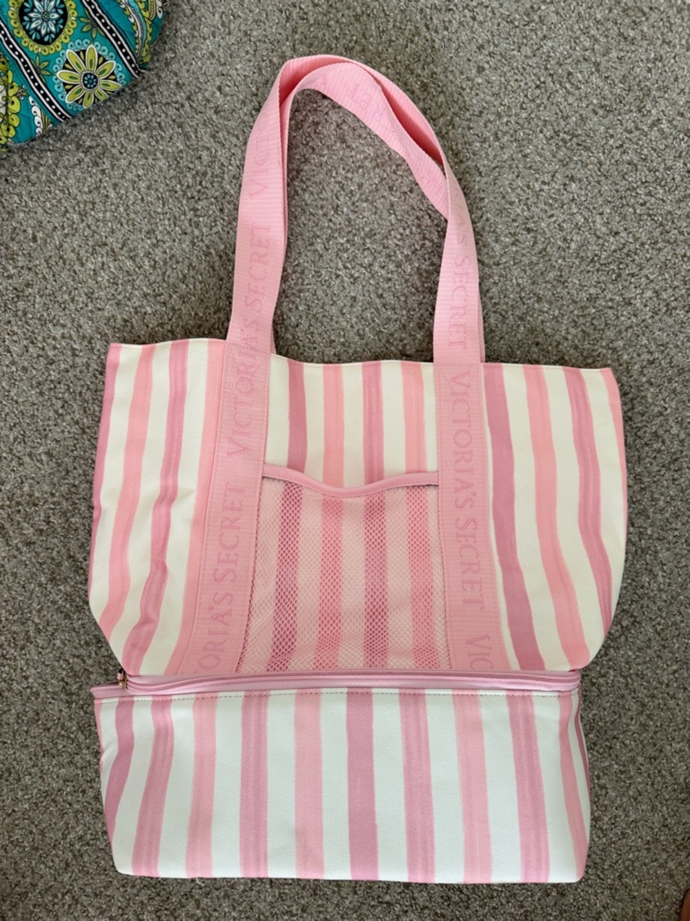 Victoria's Secret Pink & White Striped Tote with Zippered Bottom